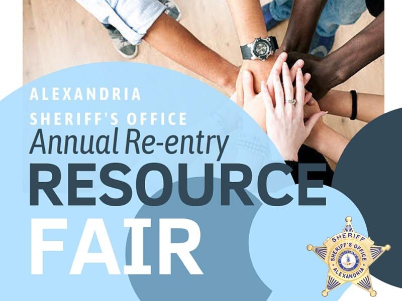 graphic with several hands together and lettering reading Alexandria Sheriff's Office Annual Reentry Resource Fair